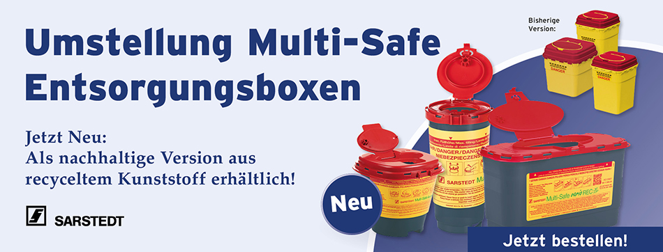Umgestellte Entsorgungsboxen auf nachhaltiges Material zum gleichen Preis, sarstedt, kanuelensammler, abwurfbehaelter, sarstedt, recycel