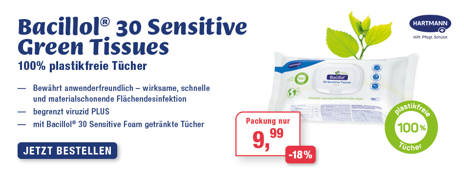 Bewaehrt anwenderfreundlich – wirksame, schnelle und materialschonende Flaechendesinfektion, begrenzt viruzid PLUS, mit Bacillol® 30 Sensitive Foam getraenkte Tuecher, hartmann, mediquick