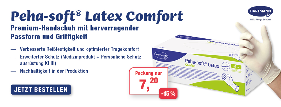peha soft latex comfort, hartmann, handschuhe, latexhandschuhe, praxis discount, hochelastisch und besonders reißfest, hervorragende Passform mit hohem Tastempfinden, beidseitig tragbar, puderfrei