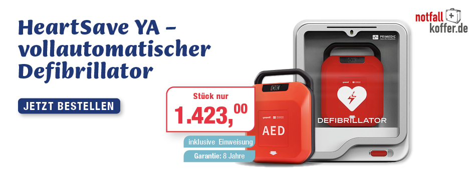 Vollautomat, inklusive Einweisung, Batterie mit 4 - 5 Jahre Lebensdauer, bis zu 150 Schocks, Elektroden vorkonnnektiert und 4 - Jahre haltbar