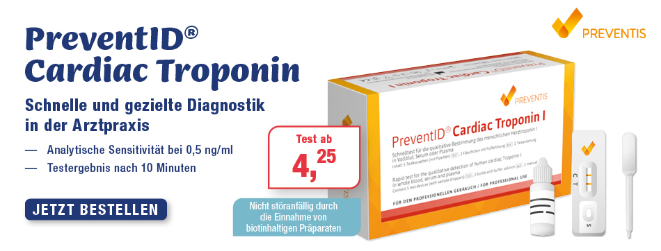 Analytische Sensitivitaet bei 0,5 ng/ml, Testergebnis nach 10 Minuten, cardiac troponin, preventis