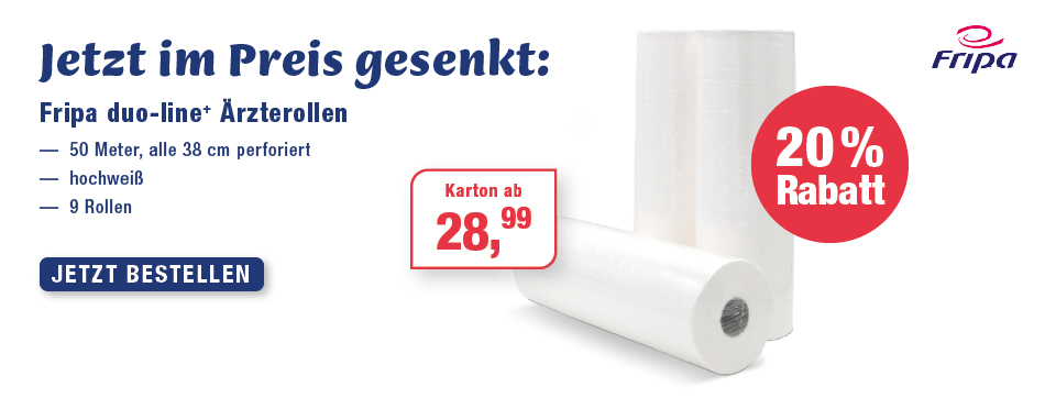 50 Meter, alle 38 cm perforiert; hochweiß; 9 Rollen; 2 - lagig, aerzterollen, liegenpapier