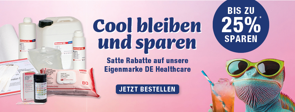 Eigenmarke, DE Healthcare, Desinfektionstuecher, Untersuchungshandschuhe, Urinteststreifen, aerzerollen, Papierhandtuecher, Ultraschallgel
