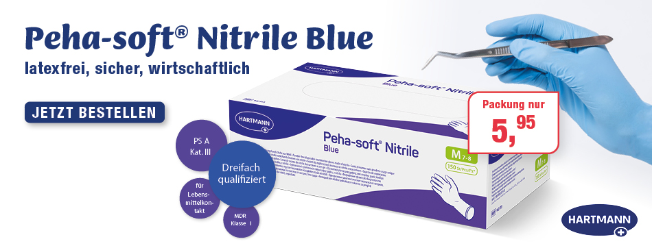 Dreifach qualifiziert; MDR Klasse I; PSA Kategorie III; für Lebensmittelkontakt; aus blauem latexfreien Nitrilkautschuk, peha soft nitril blue handschhe, hartmann