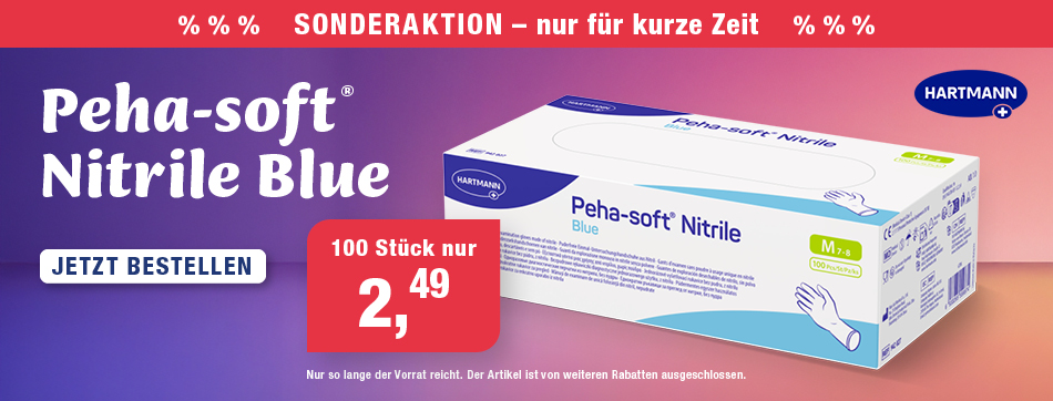 Dreifach qualifiziert, MDR Klasse I, PSA Kategorie III, für Lebensmittelkontakt, aus blauem latexfreien Nitrilkautschuh, peha soft nitrile blue, hartmann, puderfrei, latexfrei, untersuchungshandschuh