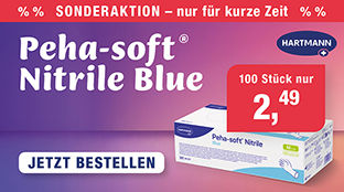Dreifach qualifiziert, MDR Klasse I, PSA Kategorie III, für Lebensmittelkontakt, aus blauem latexfreien Nitrilkautschuh, peha soft nitrile blue, hartmann, puderfrei, latexfrei, untersuchungshandschuh