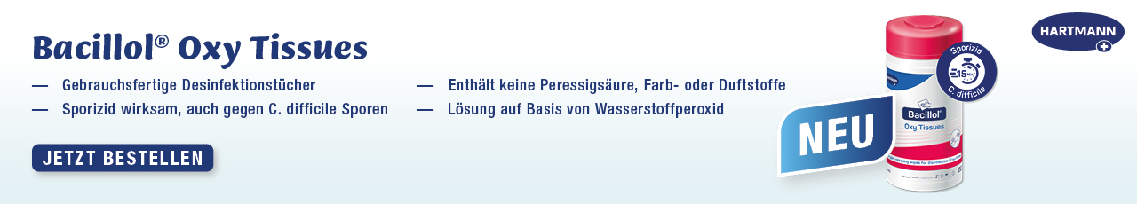 Gebrauchsfertige Desinfektionstuecher, Sporizid wirksam, auch gegen C. difficile Sporen, Loesung auf Basis von Wasserstoffperoxid, Enthaelt keine Peressigsaeure, Farb- oder Duftstoffe