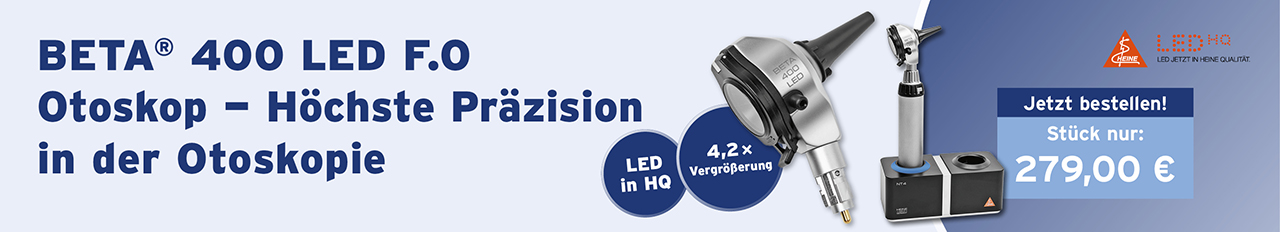 4,2 x Vergroeßerung, LED in HQ mit stufenloser Helligkeitstregelung, Beta 400 LED F.O Otoskop