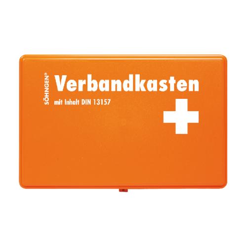 Verbandskasten nach DIN 13157 orange m. FüllungInhalt: 1 aluderm®-aluplast Sortiment klein,1 aluderm®-aluplast elastisch VBK-Set 12Stück à 10 × 6 cm, 4 Feuchttücher zurReinigung unverletzter Haut, 2 FFP2-Masken.